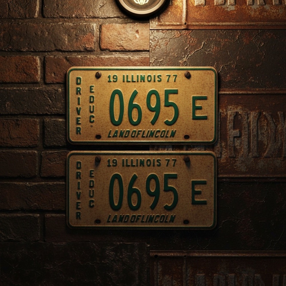 Illinois Vintage 1977 License Plates Pair Driver Ed Land of Lincoln 0695 E Green